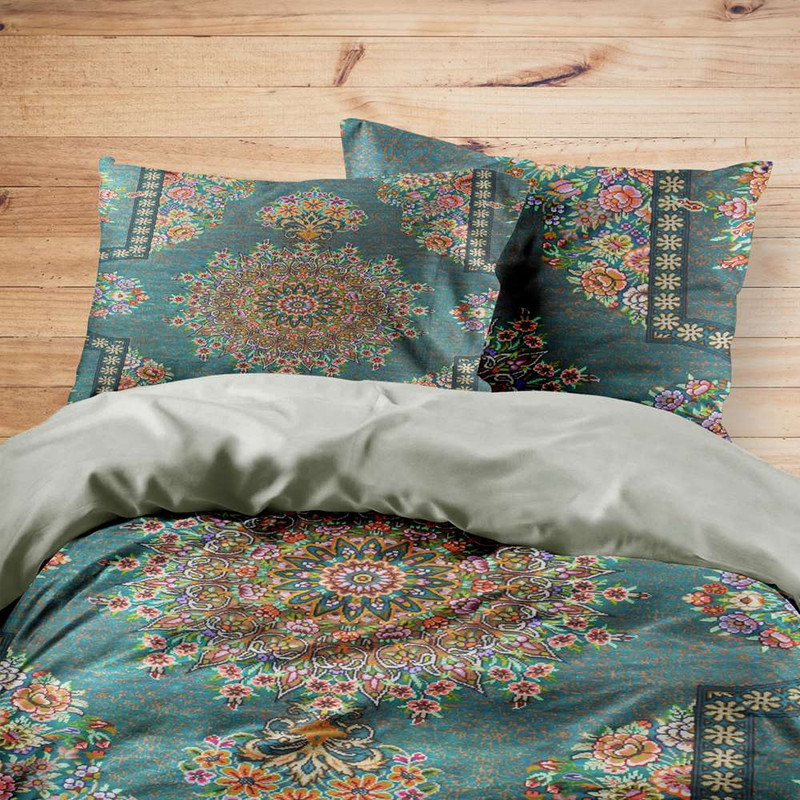 سرویس روتختی مدوپد طرح قالیچه قم لچک و ترنج دسته‌گل مدل C-Ghom158 یک نفره 4 تکه